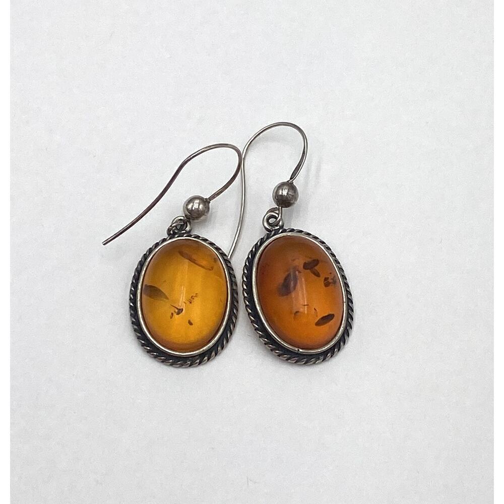 925 Amber Earrings Sterling Silver Dangles Oval Vintage Estate Large
